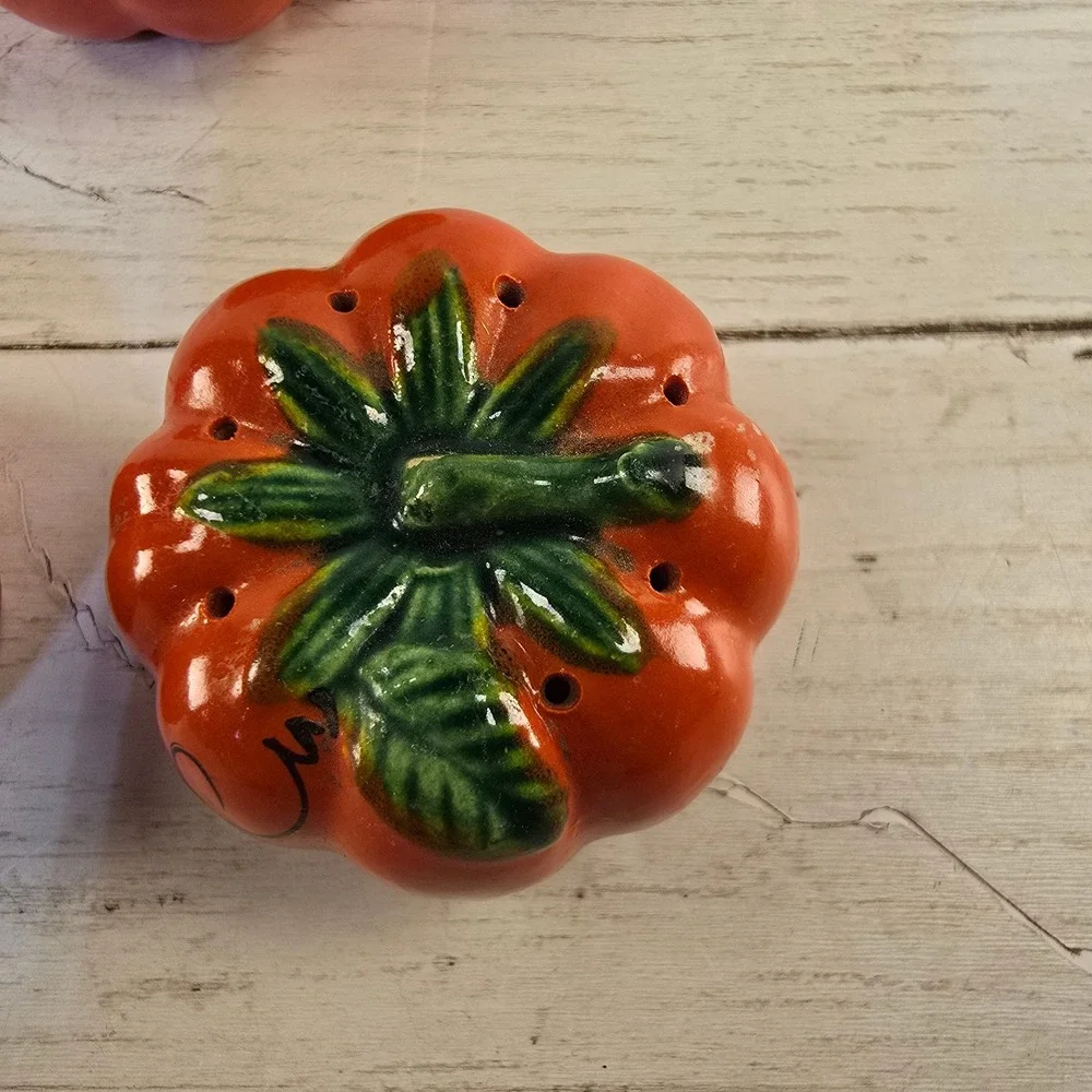Vintage Ceramic Pumpkin Tomato Salt Pepper Shakers and Lidded Jam Pot Set Orange